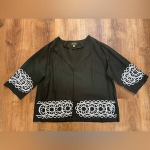 Bob Mackie Wearable Art Linen Kimono Cardigan Size 2X Black Embroidered‎ Eyelet